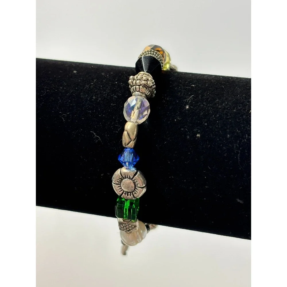 Y2K Charm Bracelet Silver Tone Purple‎ Green Yellow Beads Cross Crucifix